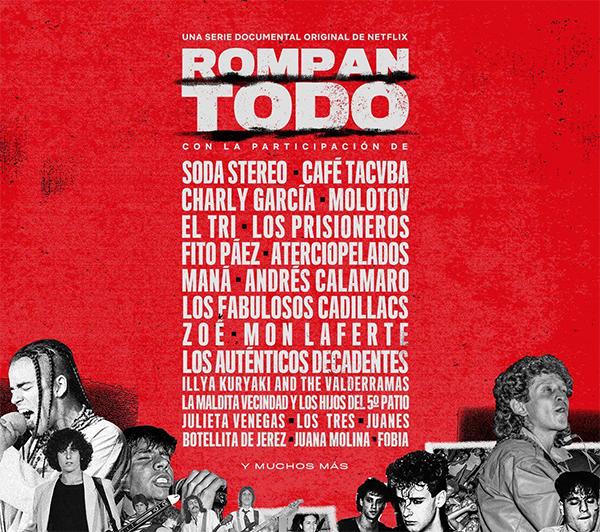 El afiche de Rompan todo, que hace alusión al line-up de un festival musical.